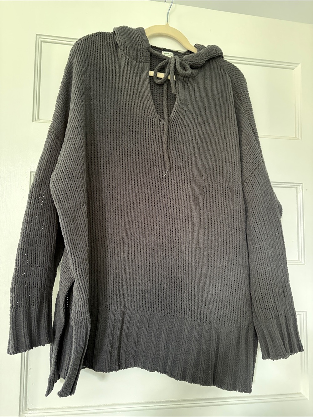 Aerie Gray Hooded Knit Sweater with Drawstring-SP